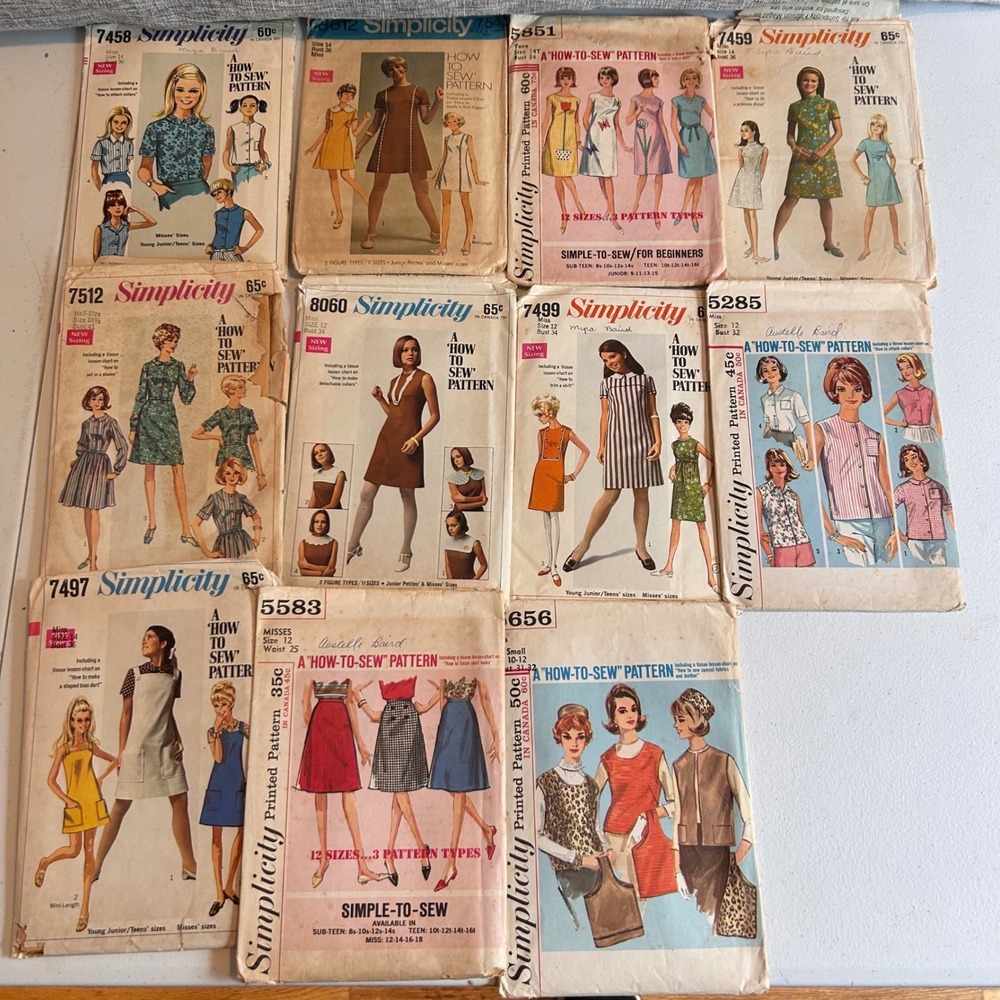Simplicity Sewing Patterns Lot 11pc Mixed Sizes Multicolor 1960s Mod Retro DIY